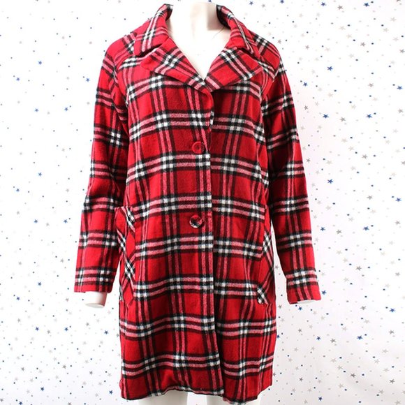 Single Breasted Plaid Pea Coat Jacket Red/Black - Picture 2 of 8
